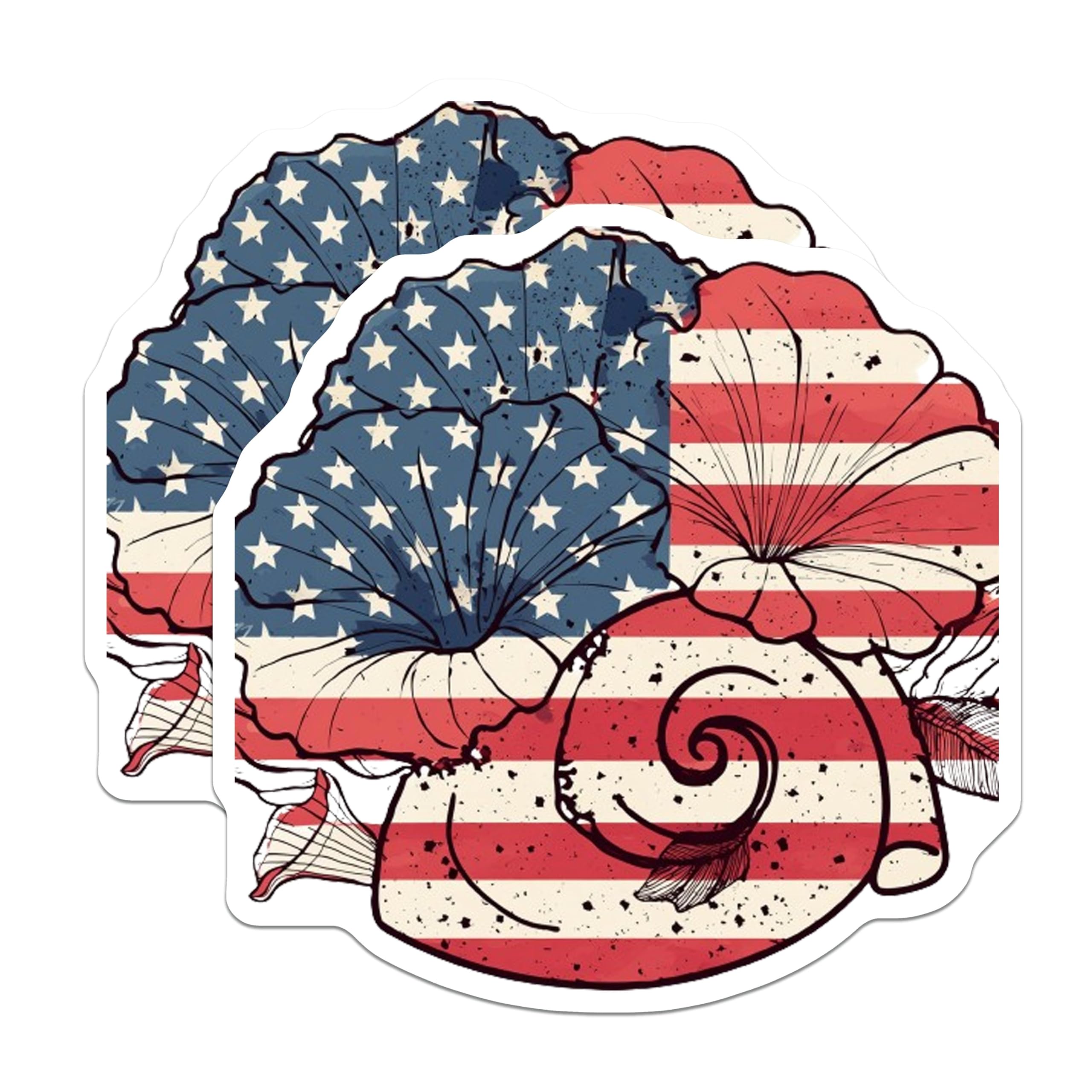 (2 Pack) Patriotic Seashell Stickers - American Flag Theme - Beach Ocean Sticker - 5" On Longest Side - Sticks to Smooth Flat Surfaces - Made in USA - BMCS8990