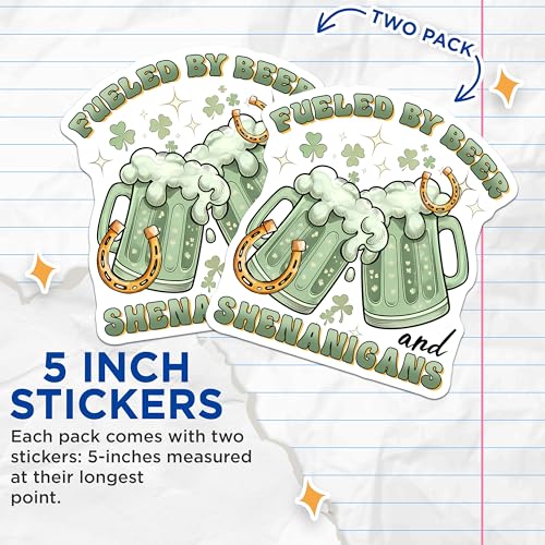 (2 Pack) Funny St. Patrick's Day Stickers - Beer Lovers - Sheigans - 5" On Longest Side - Sticks to Smooth Flat Surfaces - Made in USA - BMCS8407