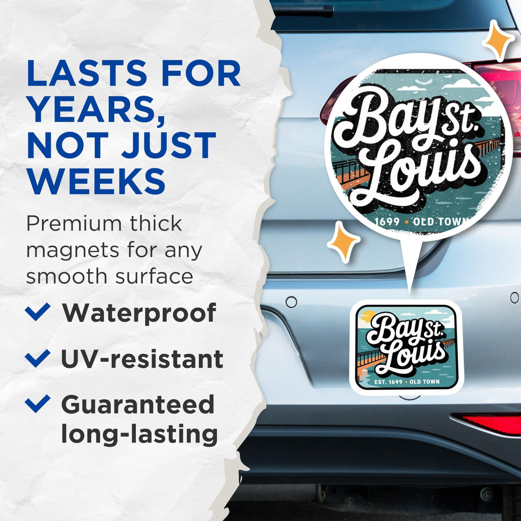 (2 Pack) Bay St Louis Magnets - Coastal Town Decor - Mississippi Souvenir - 5" On Longest Side - Premium Magnet - for Cars, Refrigerators, Toolboxes, Lockers - Made in USA - MAG18098