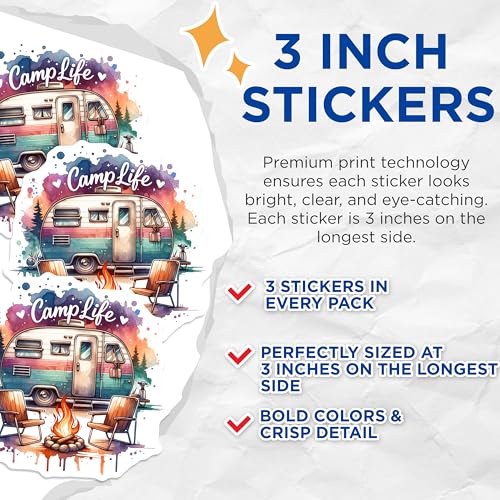 (3 Pack) Camp Life Decals - Watercolor Camper - Bonfire Laptop Decals- 3 Inches On Longest Side - Easy Peel & Apply - Made in USA - 3MCS5900