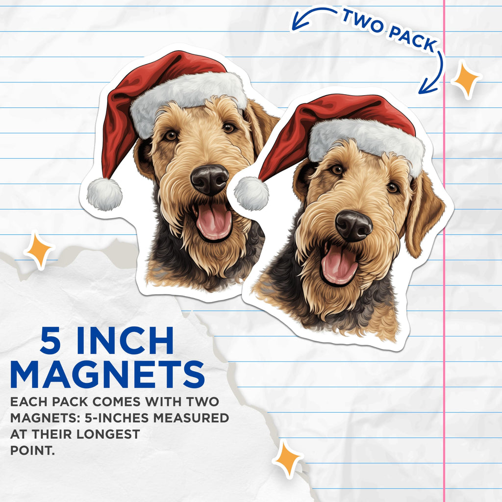 (2 Pack) Airedale Terrier Christmas Magnets - Dog Santa Hat Decor - Pet Holiday Adornments - 5 Inches On Longest Side - Thick Durable Magnet - Made in USA - MAG27365