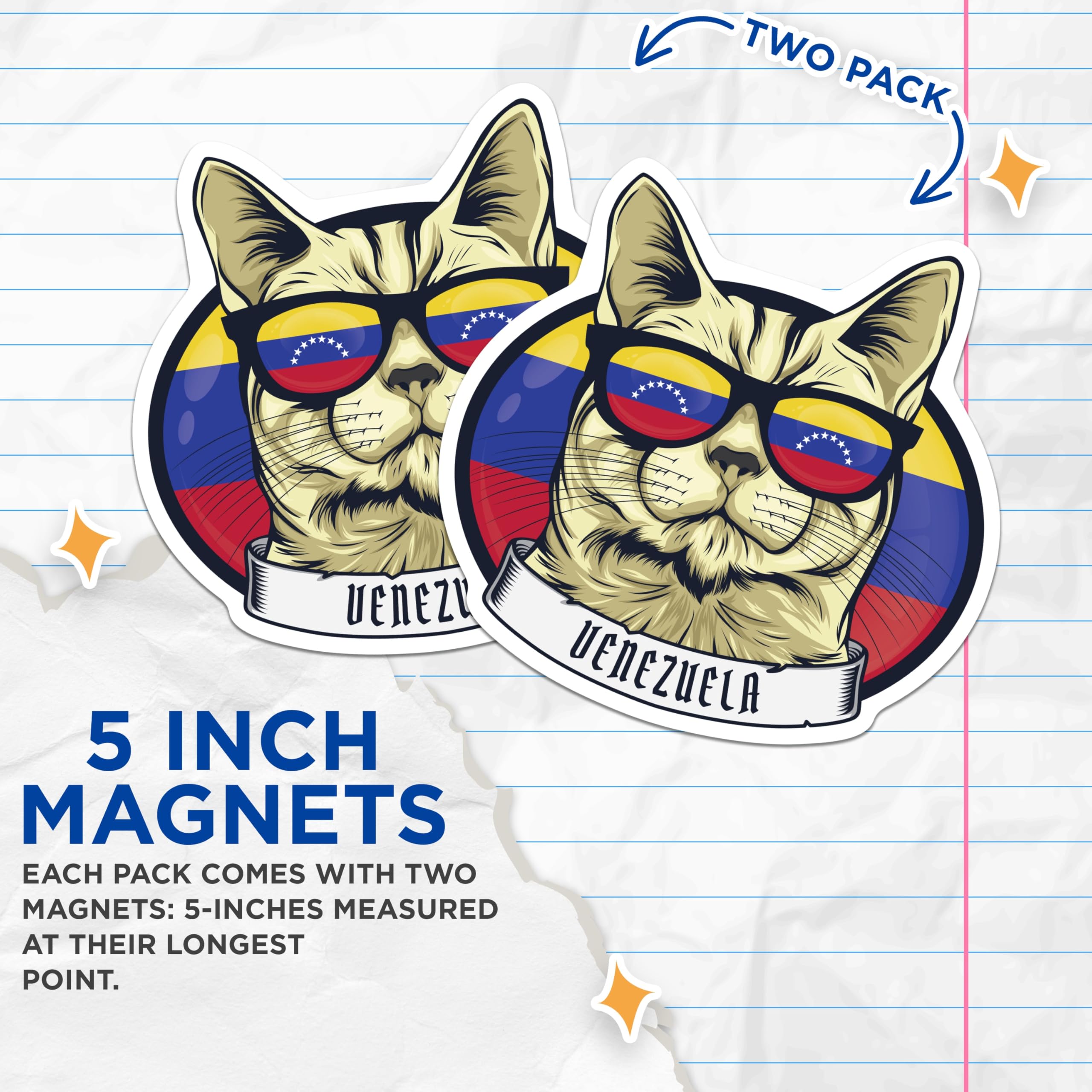 (2 Pack) Venezuela Cat Magnets - Cool Cat with Flag Sunglasses - Venezuelan Pride Decor - 5" On Longest Side - Premium Magnet - for Cars, Refrigerators, Toolboxes, Lockers - Made in USA - MAG17919