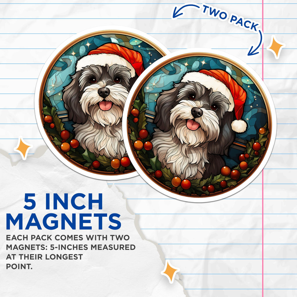 (2 Pack) Christmas Dog Magnets - Santa Hat Puppy Decor - Stained Glass Pet Lover Refrigerator Accent - 5 Inches On Longest Side - Thick Durable Magnet - Made in USA - MAG29599