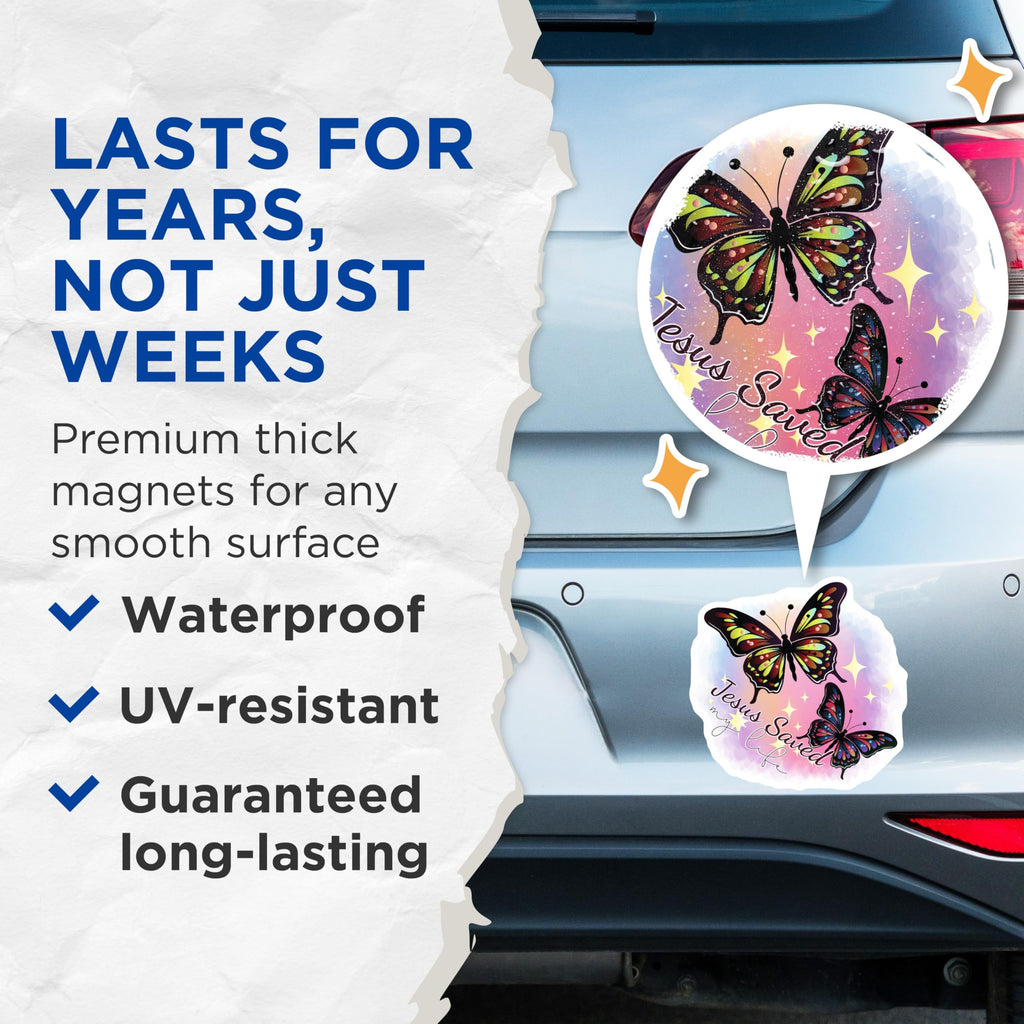 (2 Pack) Jesus Saved My Life Magnets - Christian Butterfly Decor - Inspirational Faith Refrigerator Magnets - 5 Inches On Longest Side - Thick Durable Magnet - Made in USA - MAG19618
