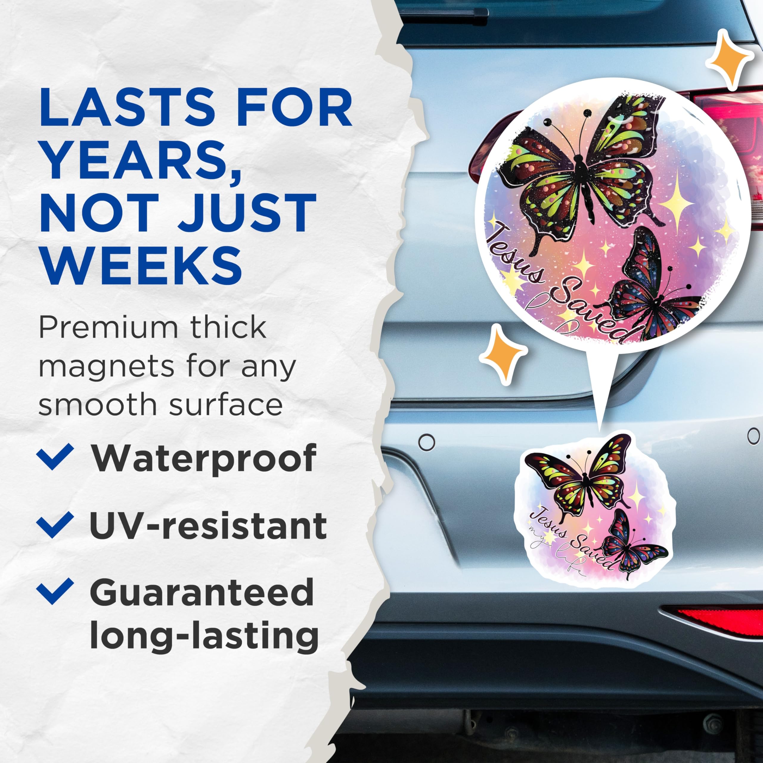 (2 Pack) Jesus Saved My Life Magnets - Christian Butterfly Decor - Inspirational Faith Refrigerator Magnets - 5 Inches On Longest Side - Thick Durable Magnet - Made in USA - MAG19618