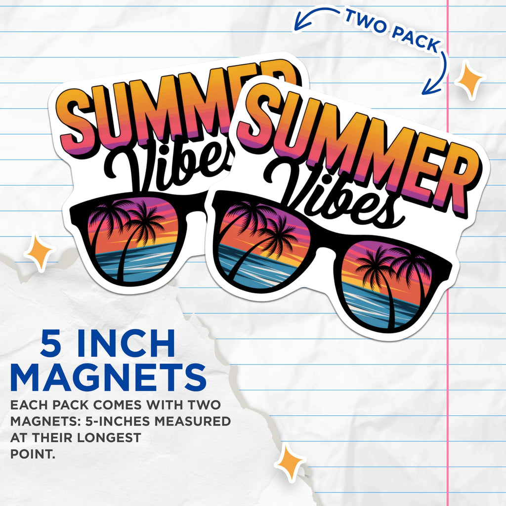 (2 Pack) Summer Vibes Magnets - Beach Palm Tree - Sunglasses Refrigerator Magnets - 5" On Longest Side - Premium Magnet - for Cars, Refrigerators, Toolboxes, Lockers - Made in USA - MAG15999
