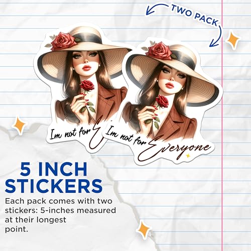 (2 Pack) Feminine Fashion Art Stickers - I'm Not for Everyone Quote - Elegant Woman Wearing Hat and Holding Rose - 5" On Longest Side - Sticks to Smooth Flat Surfaces - Made in USA - BMCS9042