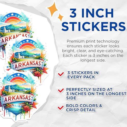 (3 Pack) Arkansas State Decals - Colorful Landmark Stickers - Laptop Arkansas Decals- 3 Inches On Longest Side - Easy Peel & Apply - Made in USA - 3MCS5687