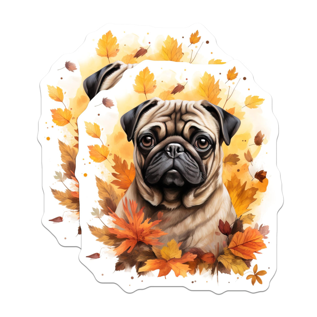 (2 Pack) Autumn Pug Dog Magnets - Seasonal Pet Lover Decor - Fall Foliage Canine Illustration - Cute Fridge Artwork Display - 5 Inches On Longest Side - Thick Durable Magnet - Made in USA - MAG24012