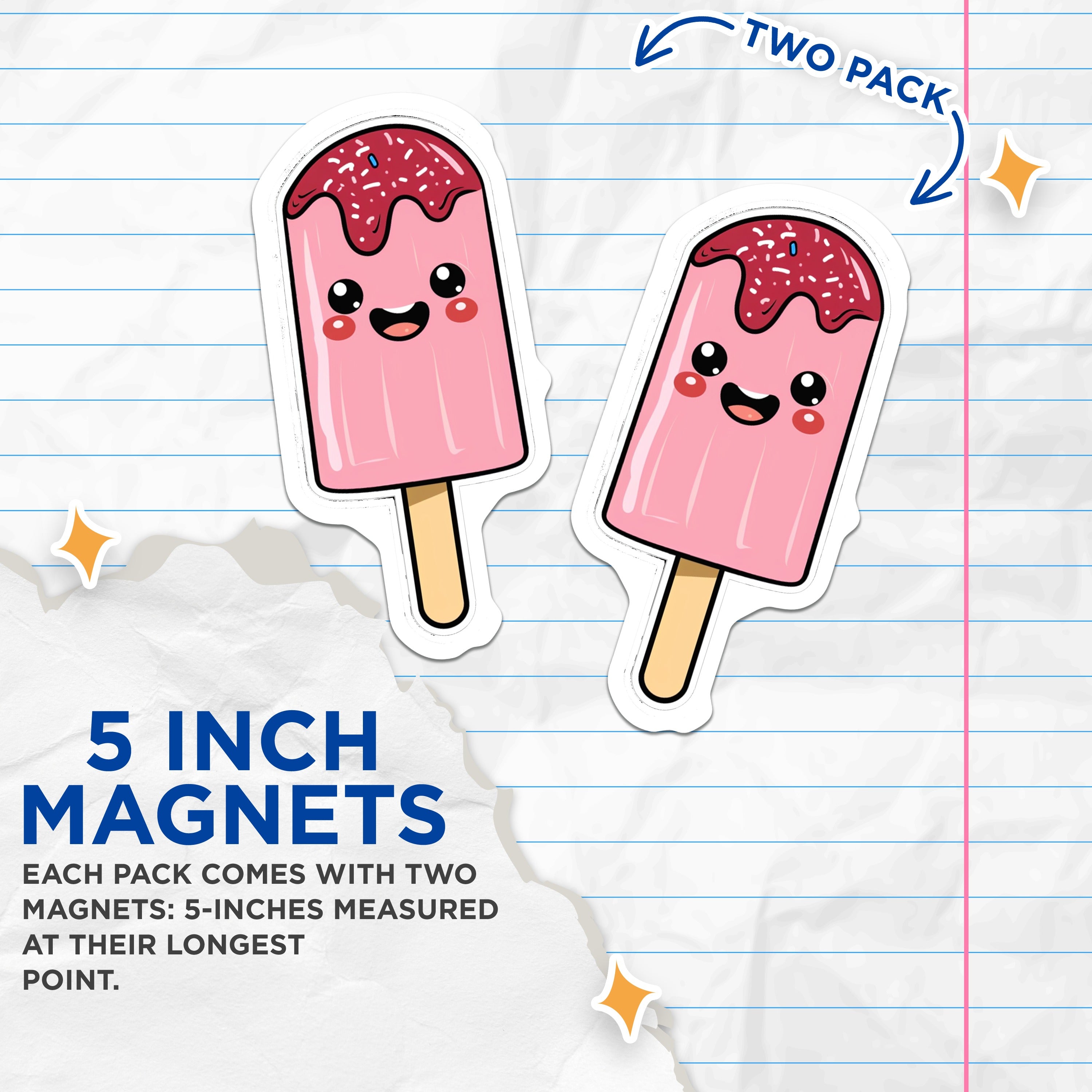 (2 Pack) Kawaii Popsicle Magnets - Cute Ice Pop Decor - Happy Summer Dessert Fridge Item - 5 Inches On Longest Side - Thick Durable Magnet - Made in USA - MAG36300
