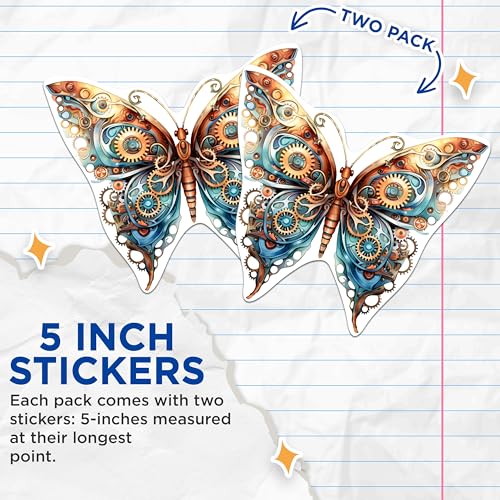 (2 Packs) Steampunk Butterfly Stickers - Aesthetic Gothic Steampunk Decals - 5 Inches On Longest Side - Premium Vinyl Decal - Sticks to Any Smooth Flat Surface - Made in USA - BMCS2329