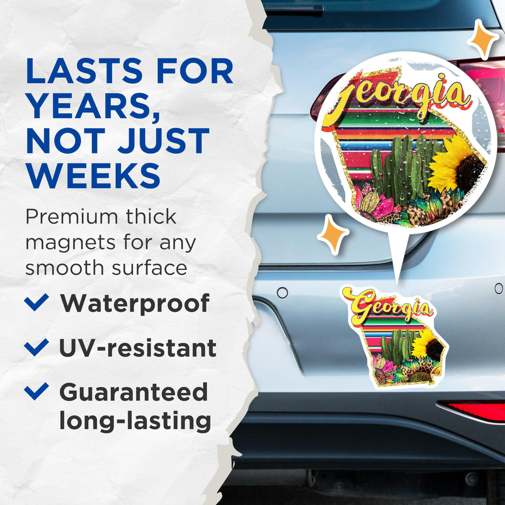 (2 Pack) Georgia State Magnets - Southwest Flair - Cactus Sunflower Decoration - 5" On Longest Side - Premium Magnet - for Cars, Refrigerators, Toolboxes, Lockers - Made in USA - MAG17399