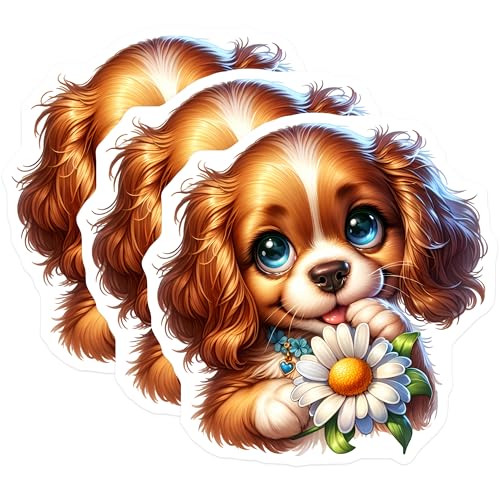 (3 Pack) Cavalier Spaniel Decals - Cute Puppy - Daisy Flower Laptop Decal - 3 Inches On Longest Side - Easy Peel & Apply - Made in USA - 3MCS8351