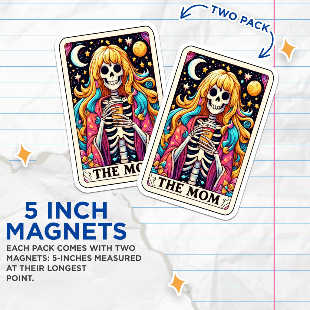 (2 Pack) Tired Mom Skeleton Magnets - Colorful Tarot Card Art - Funny Motherhood Fridge Decor - 5 Inches On Longest Side - Thick Durable Magnet - Made in USA - MAG20745