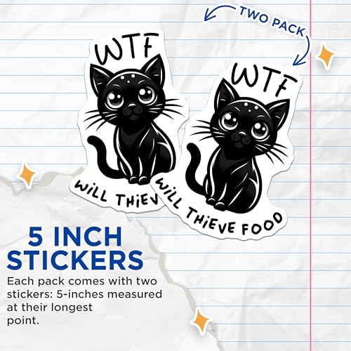 (2 Pack) Funny Cat Stickers - Will Thieve Food - Cute Kitty Decal - 5" On Longest Side - Sticks to Smooth Flat Surfaces - Made in USA - BMCS7340