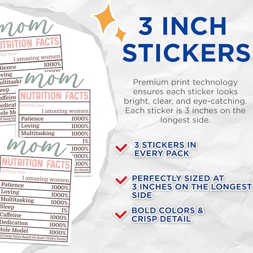 (3 Pack) Mom Nutrition Facts Decals - Motherhood Humor - Laptop Decals- 3 Inches On Longest Side - Easy Peel & Apply - Made in USA - 3MCS5165