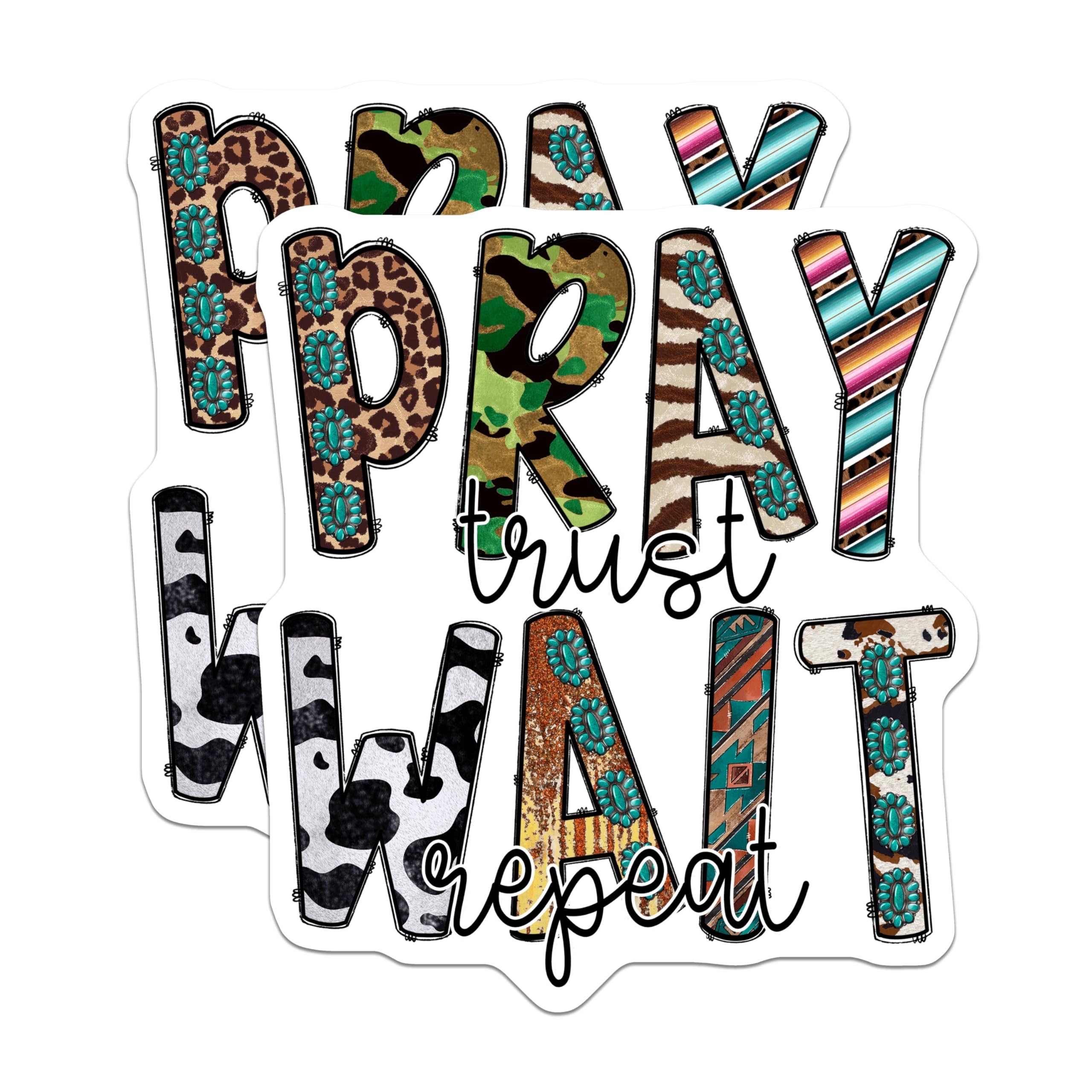 (2 Pack) Pray Trust Wait Repeat Magnets - Western Boho Decor - Cowgirl Faith Motto - Turquoise Concho Style - 5 Inches On Longest Side - Thick Durable Magnet - Made in USA - MAG28380