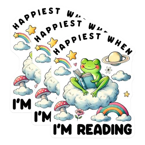 (3 Pack) Reading Frog Decals - Happiest When Reading - Book Lover Stickers - 3 Inches On Longest Side - Easy Peel & Apply - Made in USA - 3MCS6377