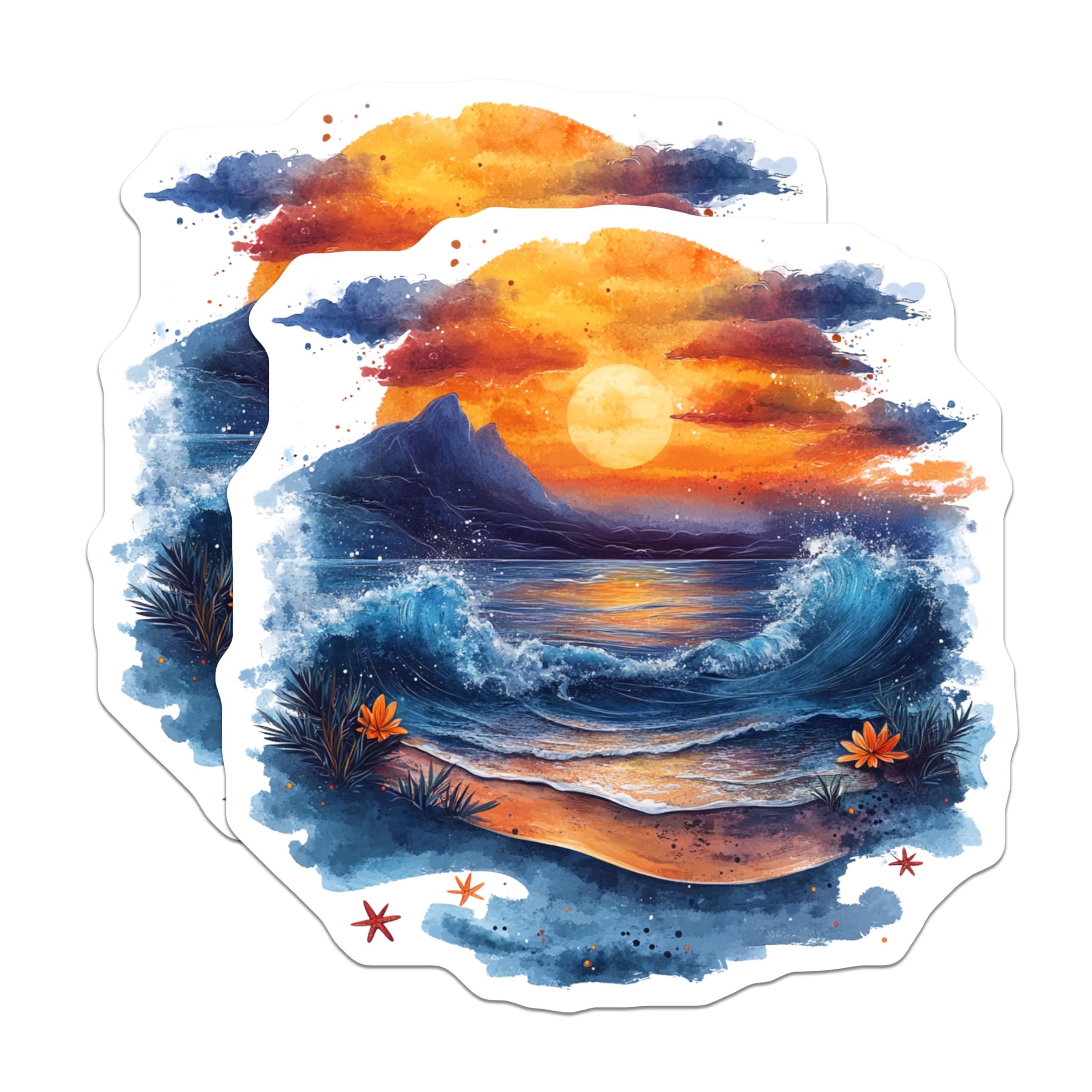 (2 Pack) Watercolor Ocean Magnets - Beach Sunset Aesthetic - Coastal Fridge Decor - 5 Inches On Longest Side - Thick Durable Magnet - Made in USA - MAG27769