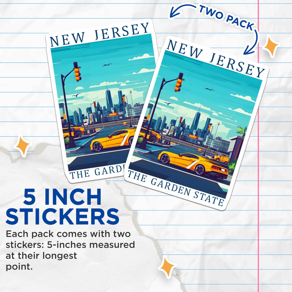 (2 Pack) New Jersey Stickers - Garden State - Cityscape Art Decals - 5" On Longest Side - Sticks to Smooth Flat Surfaces - Made in USA - BMCS17516
