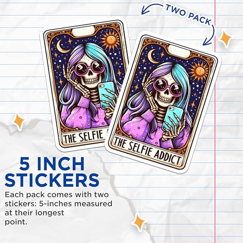 (2 Pack) The Selfie Addict Stickers - Skull Character Stickers - Funny Phone Stickers - Colorful Art Stickers - 5" On Longest Side - Sticks to Smooth Flat Surfaces - Made in USA - BMCS5496