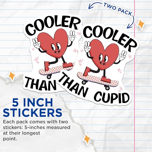 (2 Pack) Cooler Than Cupid Stickers - Skateboarding Heart Stickers - Fun Romantic Stickers - 5" On Longest Side - Sticks to Any Smooth Flat Surface - Made in USA - BMCS3399