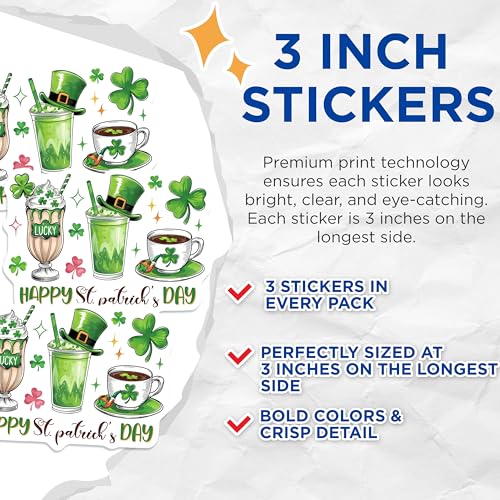 (3 Pack) St Patricks Day Decals - Shamrock Sticker - Irish Laptop Sticker - 3 Inches On Longest Side - Easy Peel & Apply - Made in USA - 3MCS7161
