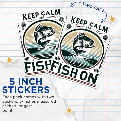 (2 Pack) Keep Calm and Fish On Stickers - Fishing Enthusiast Stickers - Outdoor Adventure Stickers - 5" On Longest Side - Sticks to Any Smooth Flat Surface - Made in USA - BMCS2634