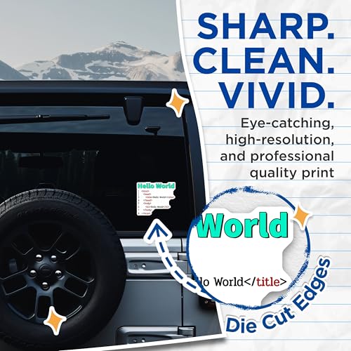 (2 Pack) Hello World Stickers - HTML Code - Coding Decal for Programmers - 5" On Longest Side - Sticks to Smooth Flat Surfaces - Made in USA - BMCS7435