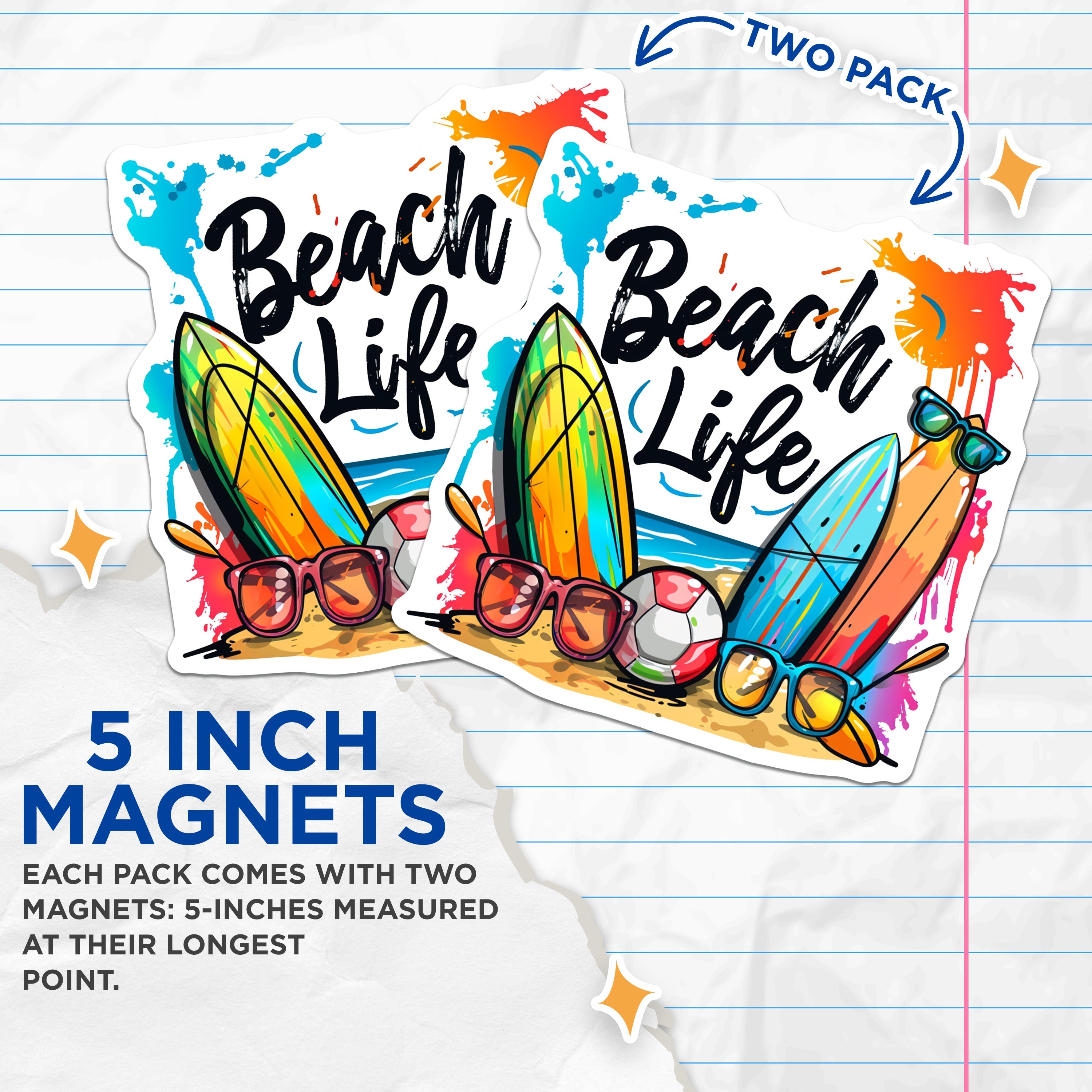 (2 Pack) Beach Life Magnets - Summer Vibes Decor - Ocean Lover Art - Surfboard Vacation Souvenir - 5 Inches On Longest Side - Thick Durable Magnet - Made in USA - MAG37447