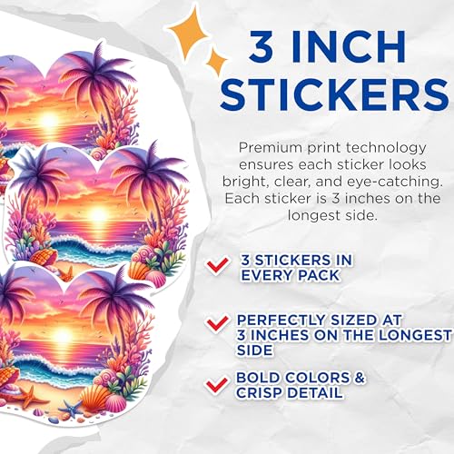 (3 Pack) Tropical Beach Decals - Sunset Palm Tree - Ocean Wave Laptop Decals - 3 Inches On Longest Side - Easy Peel & Apply - Made in USA - 3MCS1098