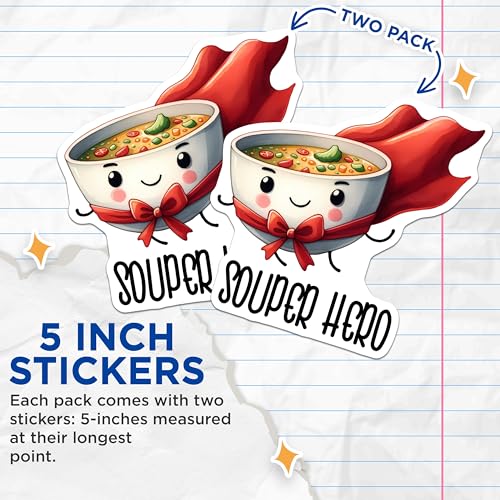 (2 Pack) Souper Hero Stickers - Cute Food - Fun Soup - 5" On Longest Side - Sticks to Smooth Flat Surfaces - Made in USA - BMCS7599