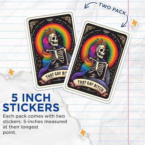 (2 Pack) LGBT Pride Stickers - Skull and Rainbow Stickers - Funny LGBTQ+ Quote Decals - 5" On Longest Side - Sticks to Smooth Flat Surfaces - Made in USA - BMCS4438