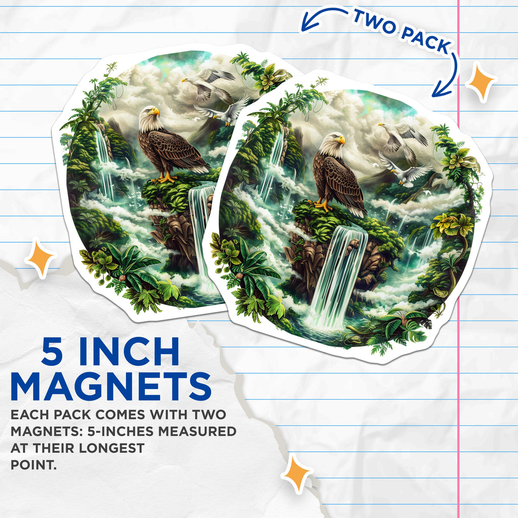 (2 Pack) Majestic Eagle Magnets - Mountain Waterfall Scene - Nature Wildlife Fridge Decor - 5 Inches On Longest Side - Thick Durable Magnet - Made in USA - MAG37329