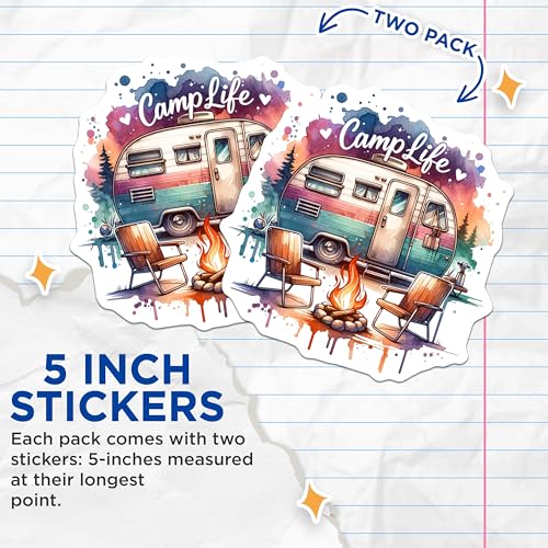 (2 Pack) Camp Life Stickers - Camping Adventure - Outdoor Travel Decoration - 5" On Longest Side - Sticks to Smooth Flat Surfaces - Made in USA - BMCS7136