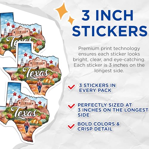 (3 Pack) Texas State Decals - Alamo Art - Fall Season Decor- 3 Inches On Longest Side - Easy Peel & Apply - Made in USA - 3MCS5055