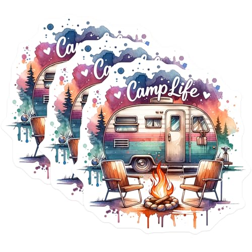 (3 Pack) Camp Life Decals - Watercolor Camper - Bonfire Laptop Decals- 3 Inches On Longest Side - Easy Peel & Apply - Made in USA - 3MCS5900