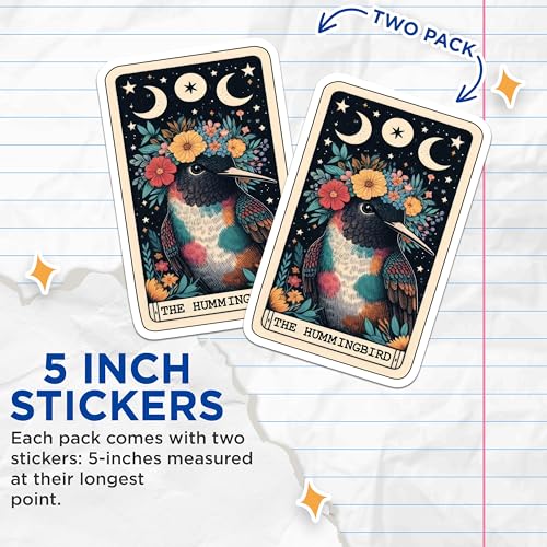 (2 Pack) Colorful Hummingbird Stickers - Floral Bird Stickers - Moon and Stars Design Stickers - 5" On Longest Side - Sticks to Smooth Flat Surfaces - Made in USA - BMCS5441
