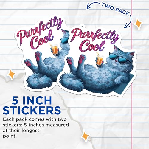 (2 Pack) Purrfectly Cool Cat Stickers - 5" On Longest Side - Sticks to Smooth Flat Surfaces - Made in USA - BMCS9161 - BMCS9161