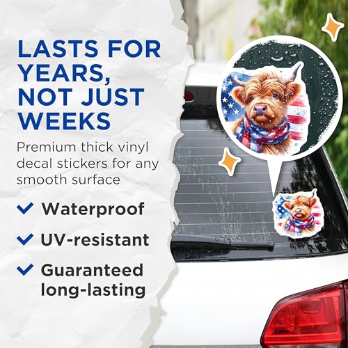 (2 Pack) Highland Cow Stickers - Patriotic Animal Sticker - American Flag Highland Cow Decal - 5" On Longest Side - Sticks to Smooth Flat Surfaces - Made in USA - BMCS6341