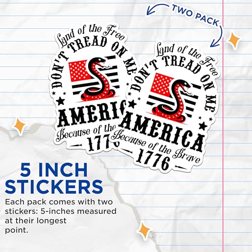 (2 Packs) Land of The Free Because of The Brave Stickers - Don't Tread On Me Decals - 5 Inches On Longest Side - Premium Vinyl Decal - Sticks to Any Smooth Flat Surface - Made in USA - BMCS2443