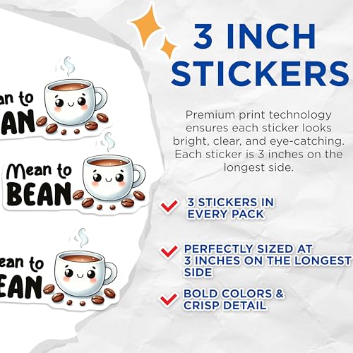 (3 Pack) Mean to Bean Decals - Coffee Lover - Laptop Decals - 3 Inches On Longest Side - Easy Peel & Apply - Made in USA - 3MCS2064