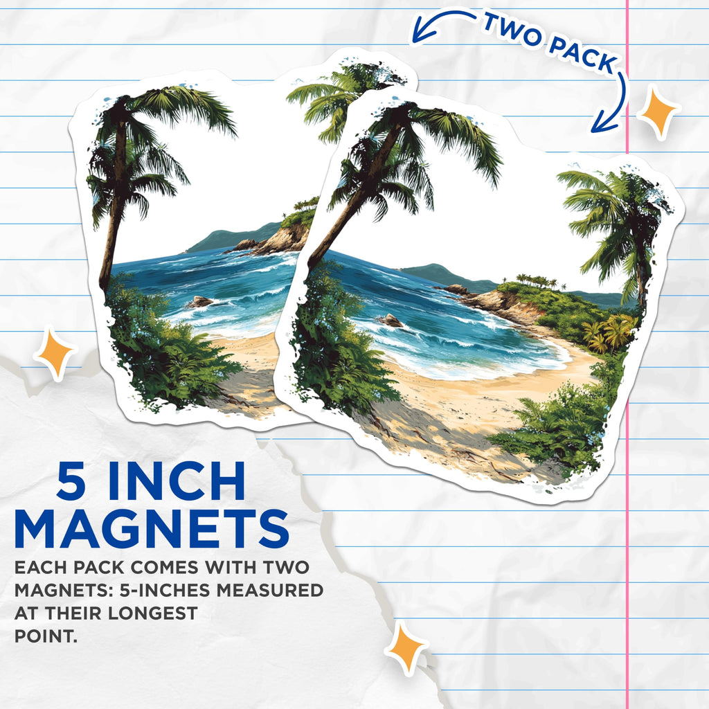 (2 Pack) Tropical Beach Magnets - Ocean View Palm Tree Refrigerator Decor - Coastal Home Accent for Vacation Lovers - 5 Inches On Longest Side - Thick Durable Magnet - Made in USA - MAG27693