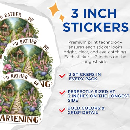 (3 Pack) I'd Rather Be Gardening Decals - Garden Lover Decal - Laptop Decal - 3 Inches On Longest Side - Easy Peel & Apply - Made in USA - 3MCS4860