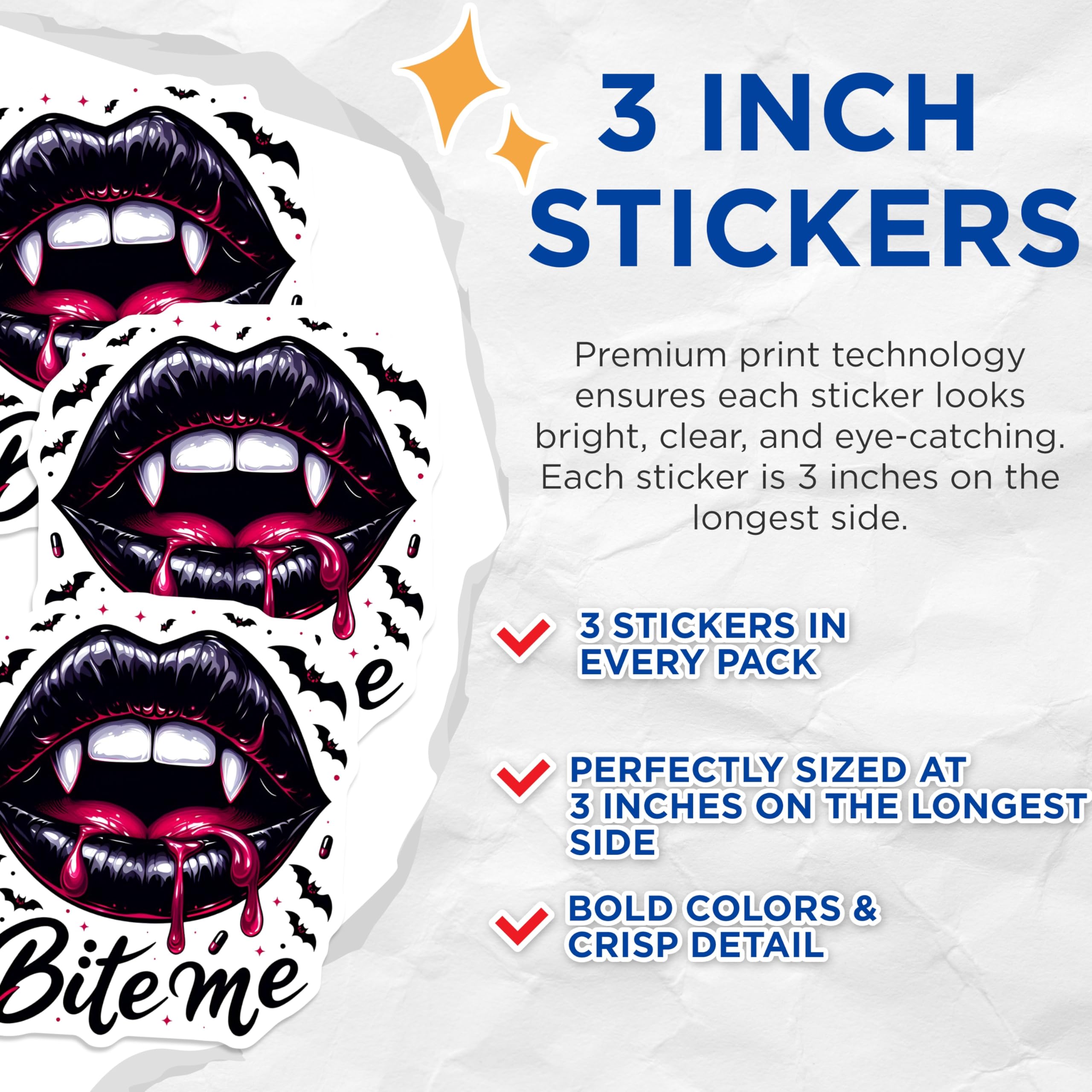 (3 Pack) Vampire Lips Decals - Gothic Bite Me - Spooky Bats Decals - 3 Inches On Longest Side - Easy Peel & Apply - Made in USA - 3MCS4865