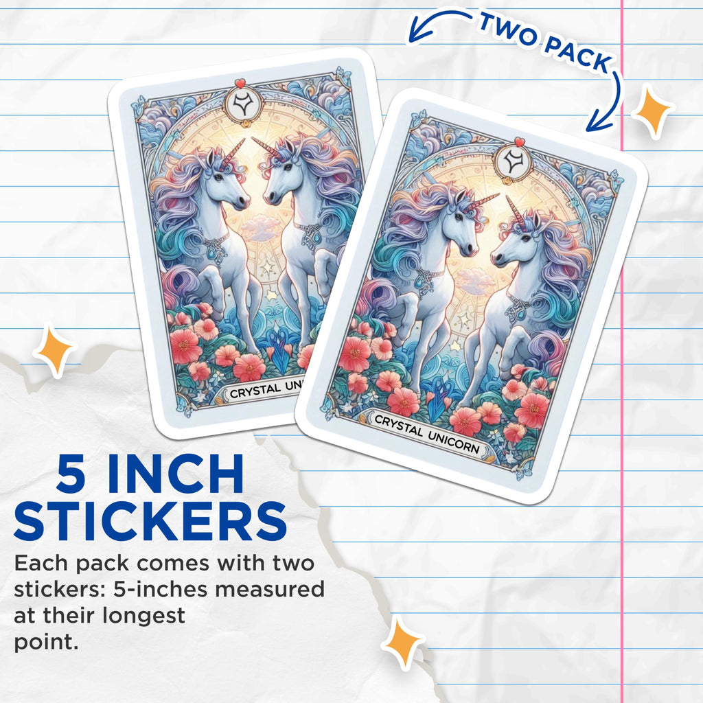 (2 Pack) Crystal Unicorn Stickers - Mythical Creature Art - Rainbow Fantasy Decal - 5" On Longest Side - Sticks to Smooth Flat Surfaces - Made in USA - BMCS20470