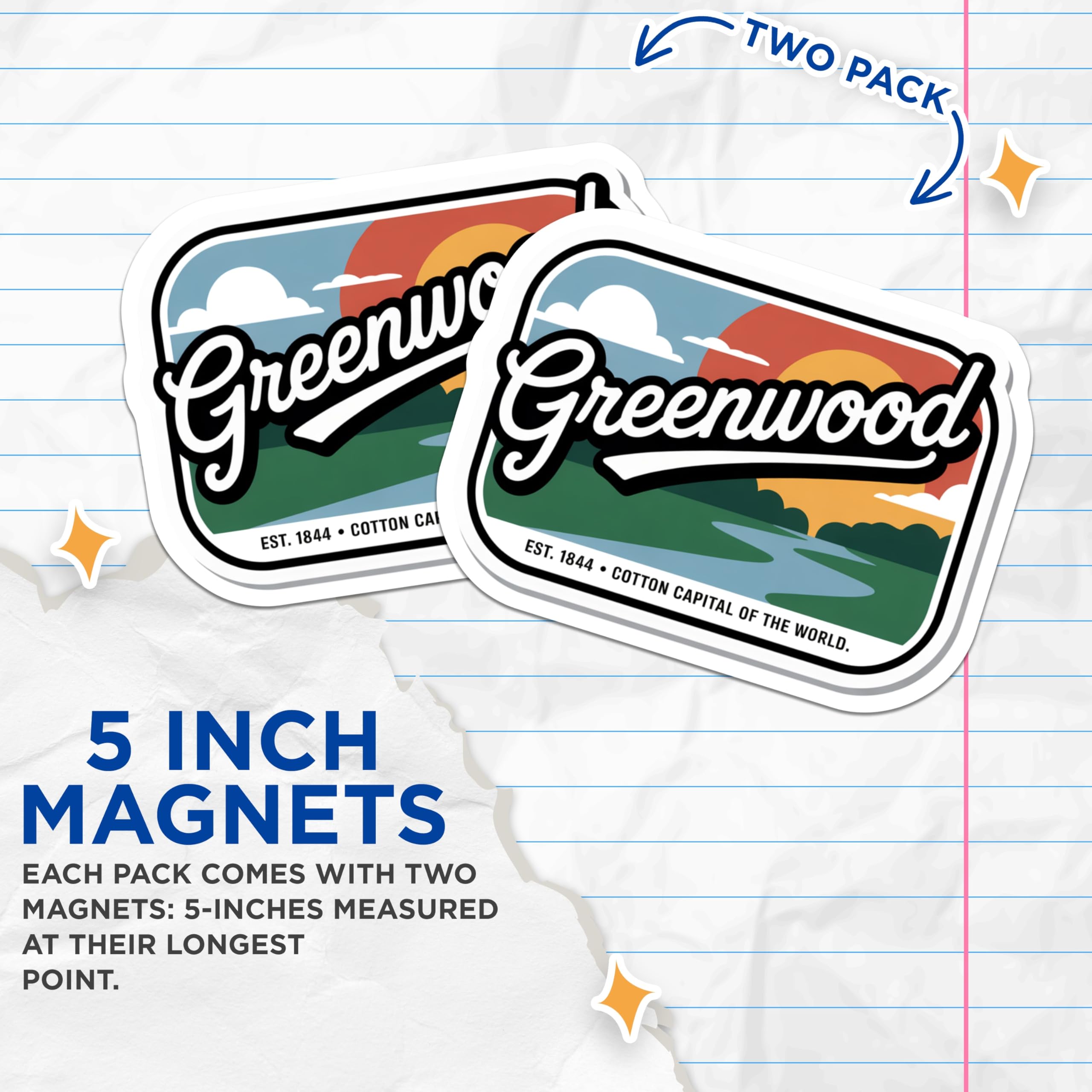 (2 Pack) Greenwood Mississippi Magnets - Hometown Souvenir - Fridge Magnets Decor - 5" On Longest Side - Premium Magnet - for Cars, Refrigerators, Toolboxes, Lockers - Made in USA - MAG18553