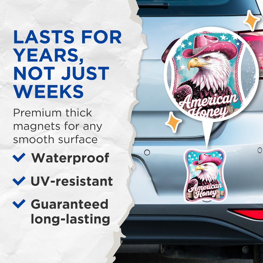 (2 Pack) Bald Eagle Magnets - Pink Cowboy Hat Decor - American Honey Design - Western Country Aesthetic - Patriotic USA Bird - 5 Inches On Longest Side - Thick Durable Magnet - Made in USA - MAG22519