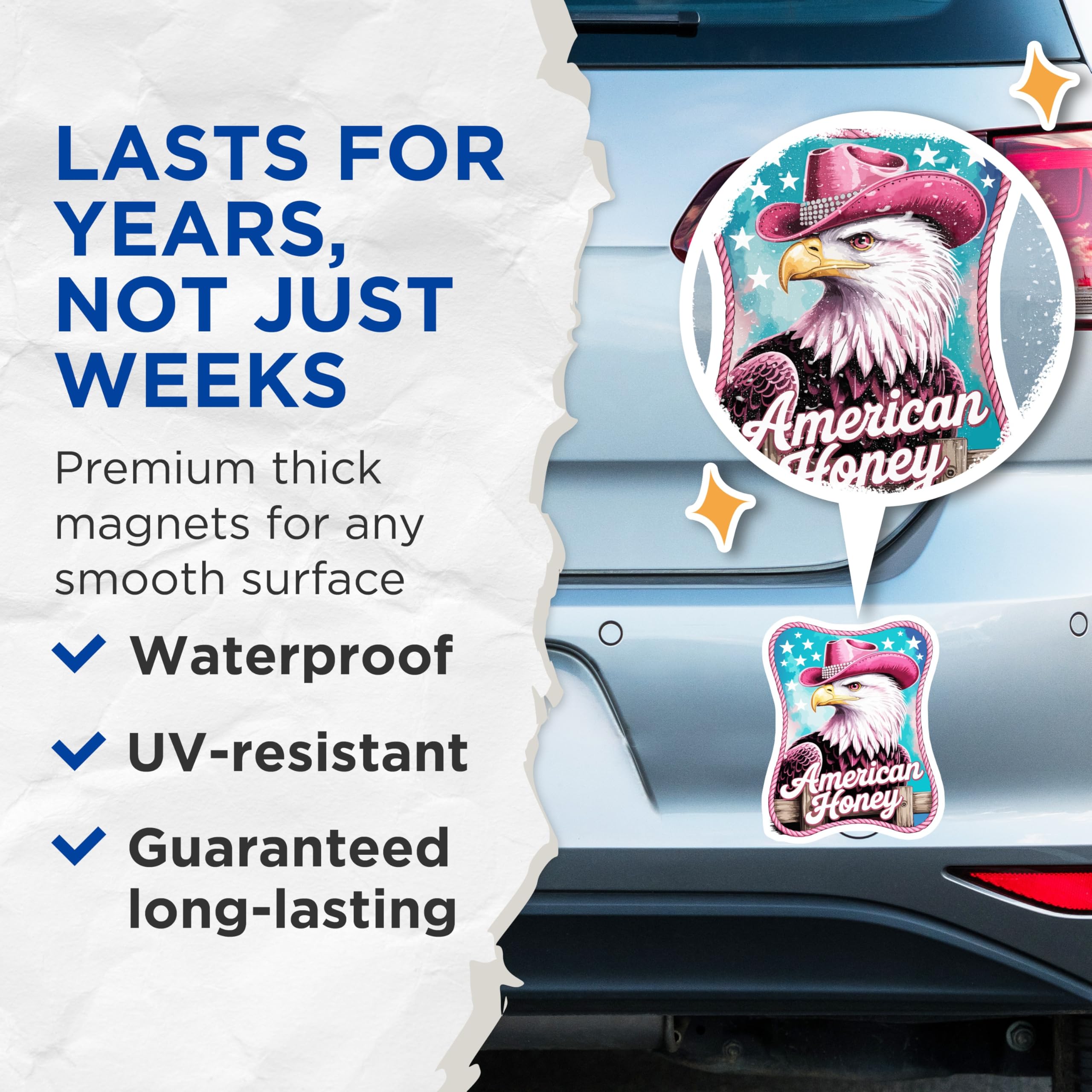 (2 Pack) Bald Eagle Magnets - Pink Cowboy Hat Decor - American Honey Design - Western Country Aesthetic - Patriotic USA Bird - 5 Inches On Longest Side - Thick Durable Magnet - Made in USA - MAG22519