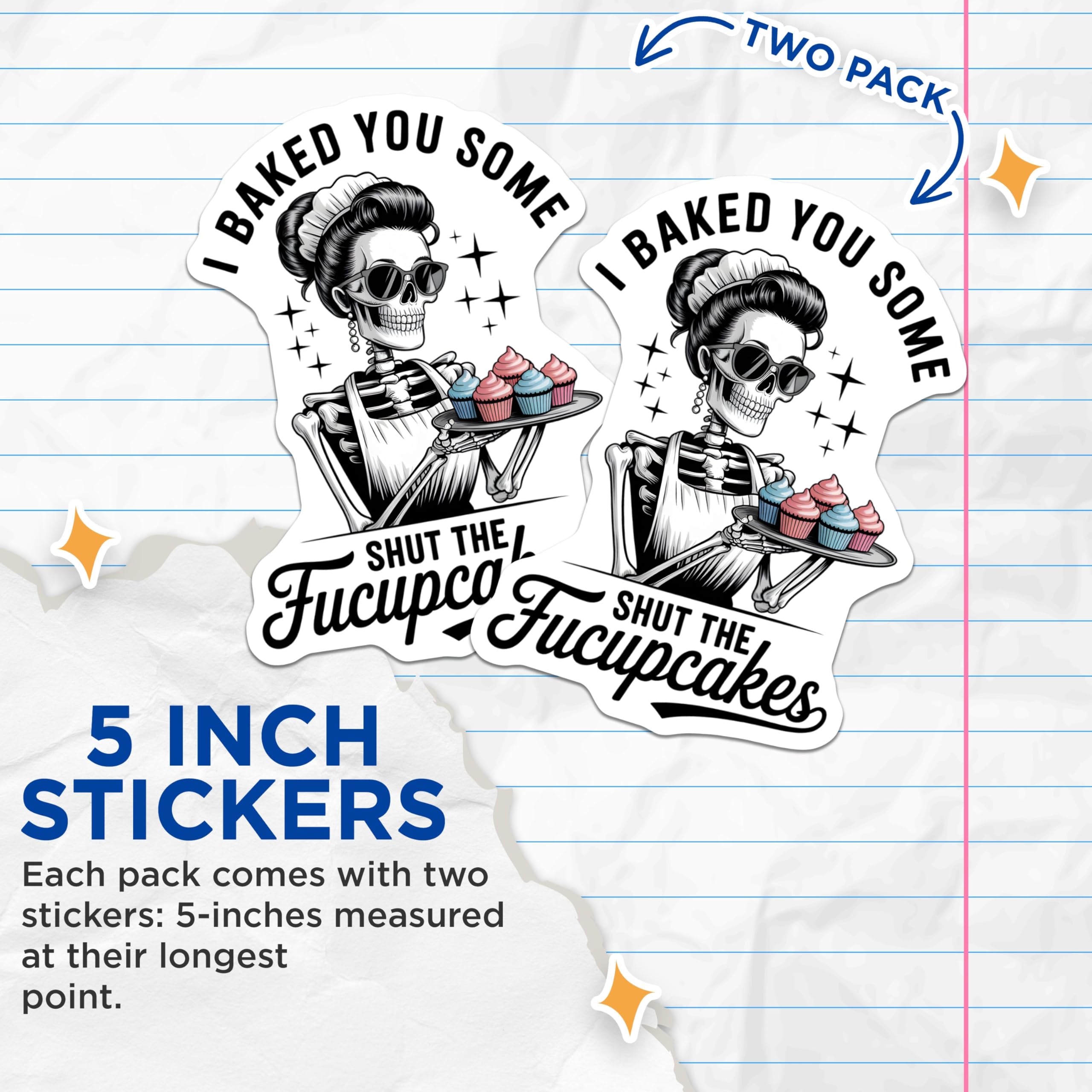 (2 Pack) Shut The Fucupcakes Stickers - Skeleton Pin Up Baker - Funny Sarcastic Quote - 5" On Longest Side - Sticks to Smooth Flat Surfaces - Made in USA - BMCS20880